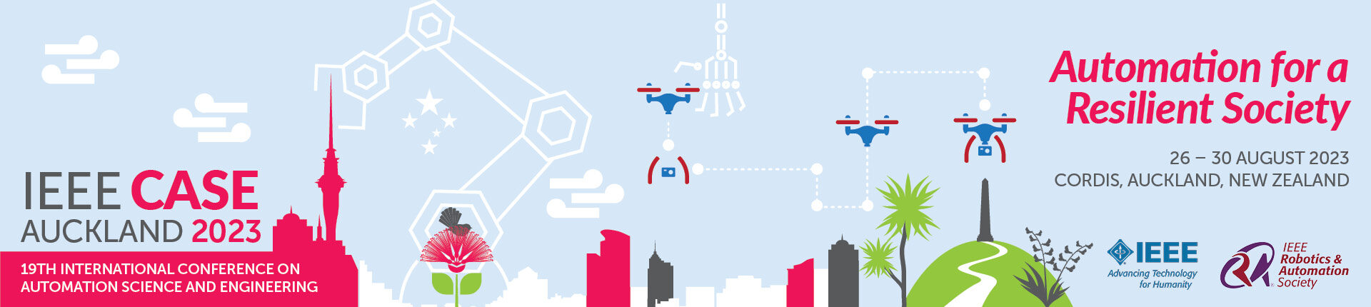 IEEE CASE 2023 banner: Automation for a Resilient Society, 26–30 August 2023, Cordis, Auckland, New Zealand
