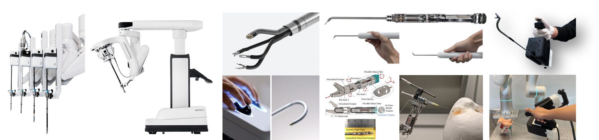 A montage of surgical robot platforms and dexterous instruments